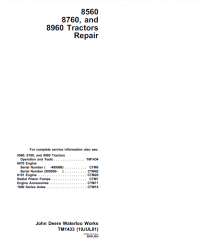 repair manual John Deere 8560, 8760, 8960 Tractors Repair TM1433 Technical Manual PDF
