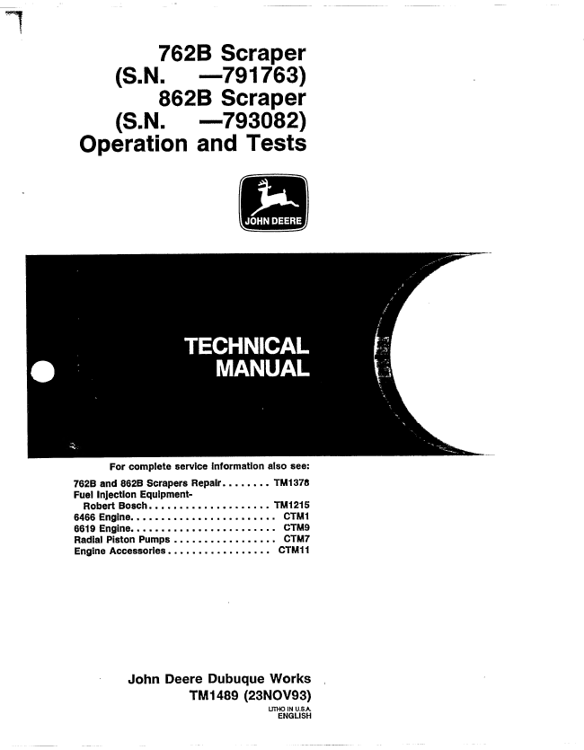 John Deere 762B 862B Scrapers Operation & Tests TM1489