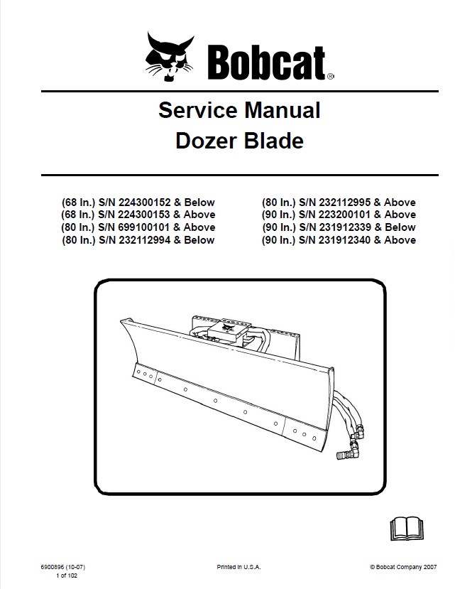Bobcat 68, 80, 90 Inch Dozer Blade Service Manual PDF