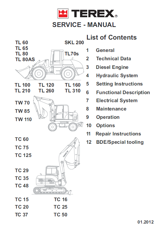 Terex Tl Tw Tc Skl Loaders Excavators Service Manual Pdf