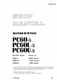 repair manual Komatsu Hydraulic Excavator PC60-5, PC60L-5, PC60U-5 Shop Manual PDF