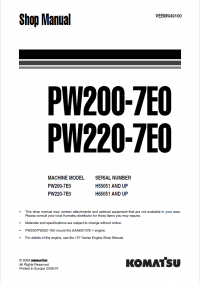 repair manual Komatsu PW200-7EO, PW220-7EO Wheel Excavator Shop Manual PDF