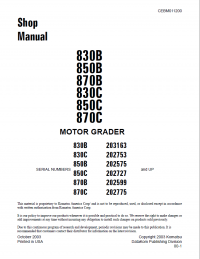 repair manual Komatsu Motor Grader 830B/C, 850B/C, 870B/C Shop Manual PDF