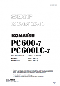 repair manual Komatsu Hydraulic Excavator PC600-7, PC600LC-7 Shop Manual PDF