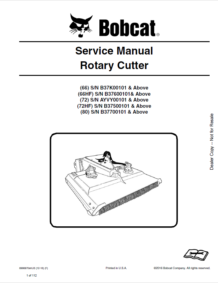 Bobcat Rotary Cutter 66, 66HF, 72, 72HF,80 Service Manual