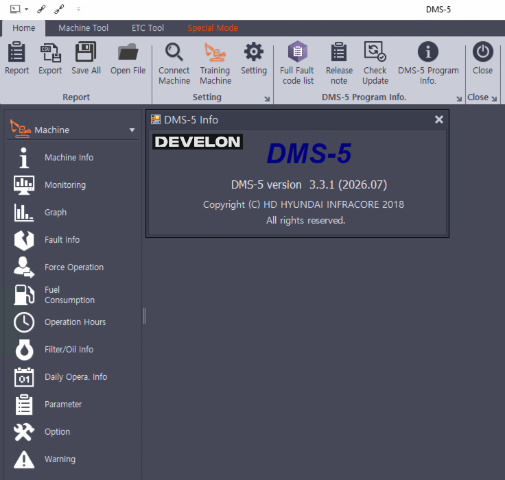 DOOSAN (DEVELON) DMS 5 – 3.2.9 [2026.03] Diagnostic Software about page screenshot